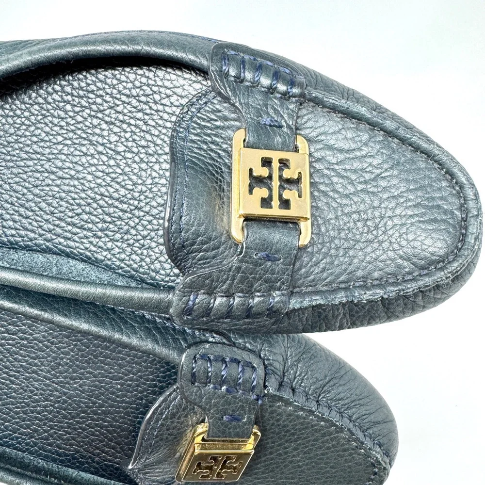 Tory Burch Kendrick Tumbled Leather Driver Loafers - Navy Blue size 7.5